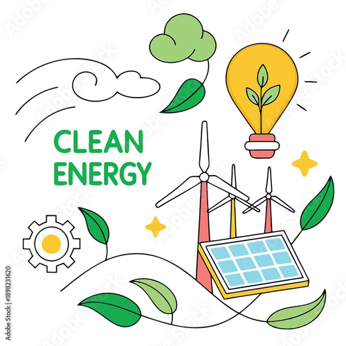 Illustration of clean energy sources and sustainable future concepts