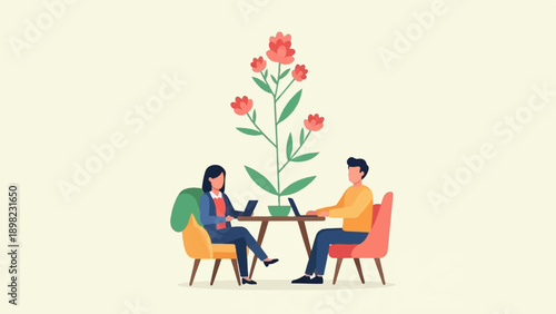 Two people sit at a table with a tall flowering plant between them
