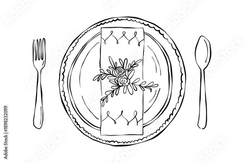 Dinner plate setting , for wedding party invitation, menu. Ink vector illustration.