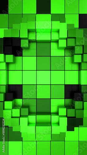 Green 3D Pixel Grid Vertical Background with Dynamic Wave Motion Loop. 3D rendering