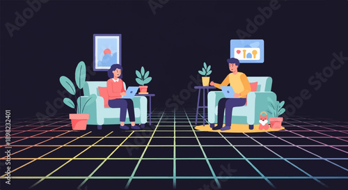 Two people sit comfortably on couches using laptops in a retro-themed room