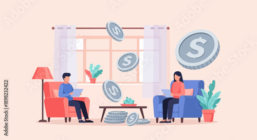 Two people relax on couches while coins rain down around them indoors