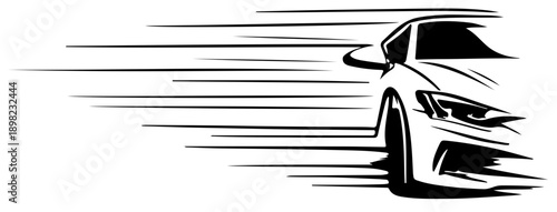 Bold, high-contrast line art of a car racing forward with sweeping streaks to convey rapid motion. Ideal for topics on speed, transportation