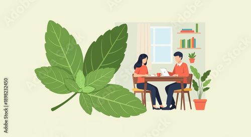 Two people work on laptops at a table, with mint leaves in foreground