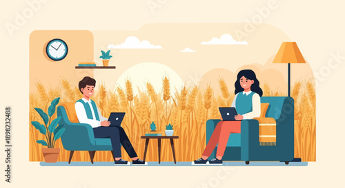 Two people work on laptops while relaxing in armchairs by a wheat field