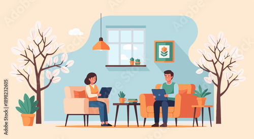 Two people sit comfortably on sofas in a living room, engrossed in their laptops