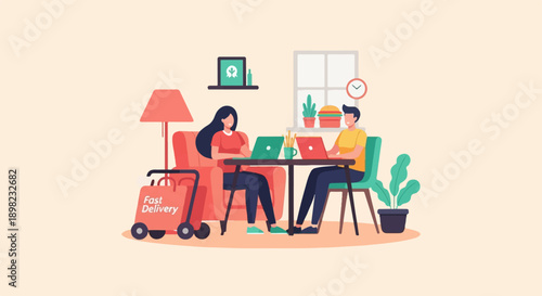 Two people work on laptops at a table with snacks, a delivery cart nearby