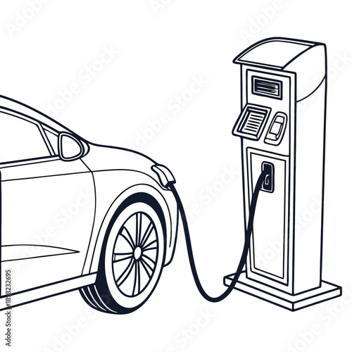 Electric vehicle charging at a public charging station beside a parked car