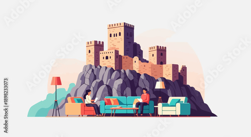 Two people sit in a modern living room with a castle on a rocky hill behind