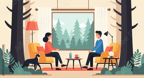 Two people sit in armchairs and chat while a cat sits on the rug