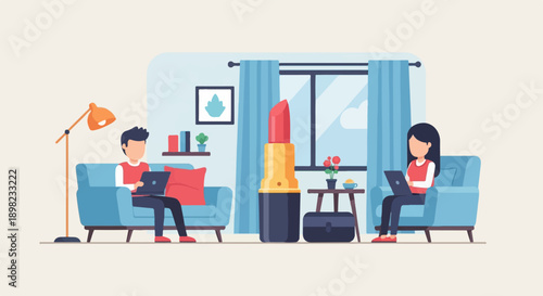 Two people work on laptops at home near a giant lipstick