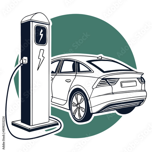 Electric vehicle charging at a modern charging station outdoors during daylight hours