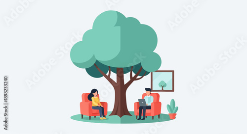 Two people sitting in chairs under a large tree, one with a laptop