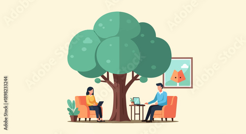Two people sitting in chairs under a tree, working on laptops