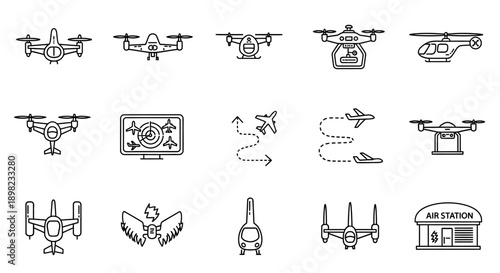 A collection of various aircraft and helicopter line drawings and icons