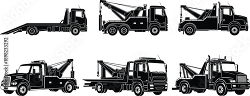 Tow truck silhouette collection featuring flatbed and wrecker recovery vehicles, heavy duty roadside assistance trucks, detailed black vector illustration isolated on white background