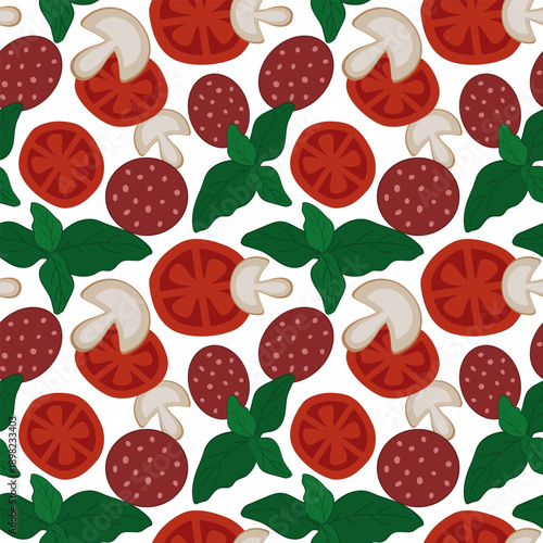 Vibrant seamless vector pizza pattern featuring pepperoni slices, mushrooms, tomatoes, and fresh green basil leaves. Perfect for Italian deli branding, pizza packaging, and  kitchen textiles.