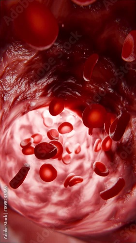 Red Blood Cells Vertical Flowing Through Human Artery Medical Animation. 3D rendering