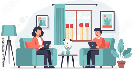 Two people relax on sofas with laptops, a teddy bear and plants in a cozy room