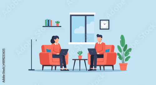 Two people work on laptops while sitting in armchairs in a room