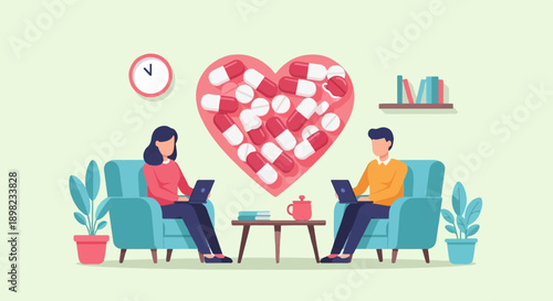 Two people sitting in chairs, each using a laptop, with a heart of pills