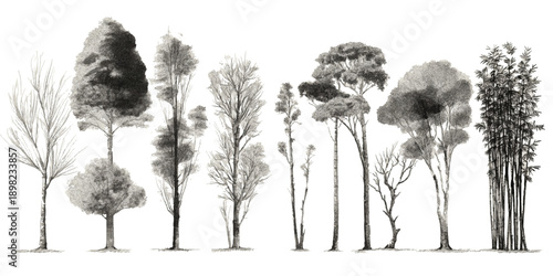 Collection of diverse trees and bamboo stalks rendered in grayscale watercolor wash and ink forest nature