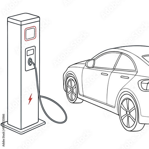Electric vehicle charging at a modern charging station near a parked car.