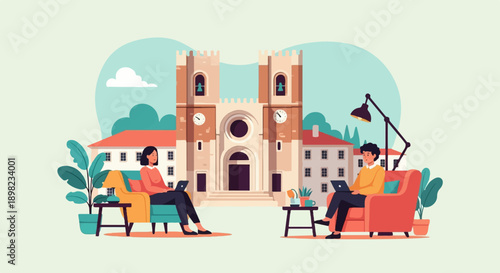 Two people relax on sofas with laptops outside old buildings