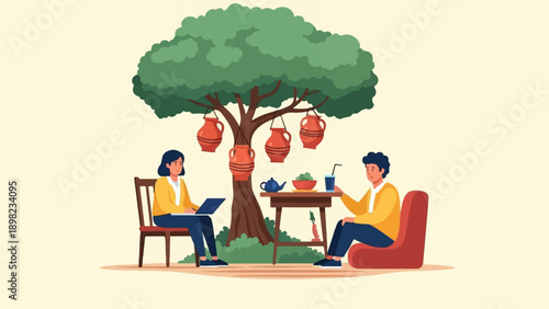 Two people relax outdoors under a tree adorned with hanging pots, enjoying a drink
