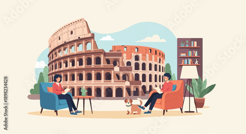 Two people relax indoors reading books with a dog and the Colosseum outside