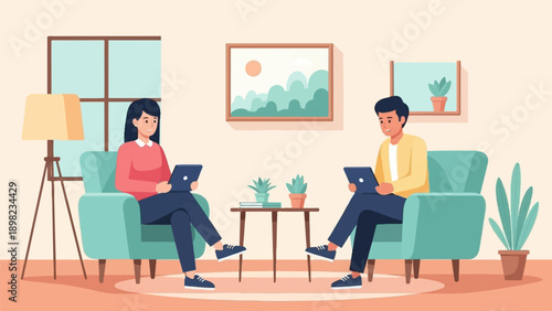 Two people sitting in armchairs, each with a laptop, in a living room