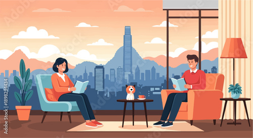 Two people relax indoors reading books with city skyline view