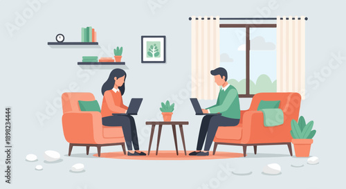 Two people work on laptops from comfortable armchairs in a cozy home setting