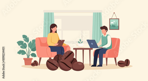 Two people sit in armchairs in a room, one with a laptop and one with a tablet