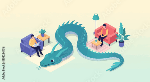 Two people relaxing at home with a giant teal dragon coiled around them