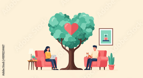 Two people relaxing at home with a heart-shaped tree between them