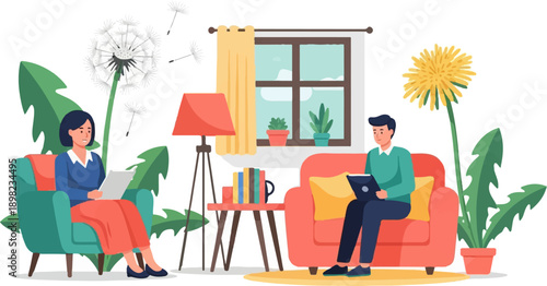 Two people relaxing at home with books, dandelions, and plants