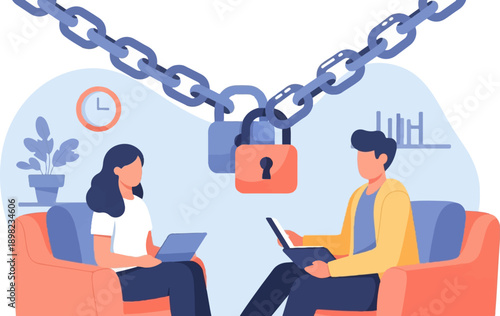 Two people sit in armchairs, laptops open, under a locked chain