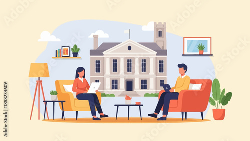 Two people relax indoors, using laptops with a stately building in background