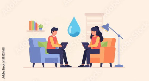 Two people work on laptops from comfy chairs, a water droplet floats above