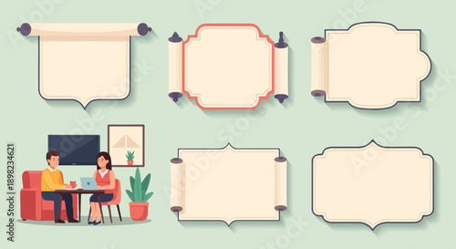 Two people sitting at a table with a laptop and scrolls