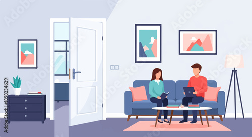 Two people relaxing in a living room, one reading a book, the other using a laptop