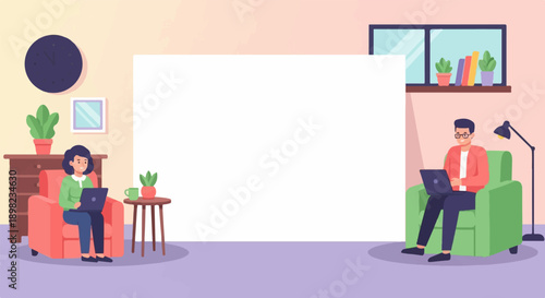 Two people work on laptops from comfortable chairs in a pastel room