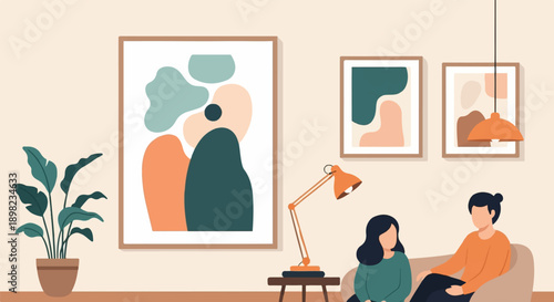 Two people relaxing in a modern living room with abstract art and plants