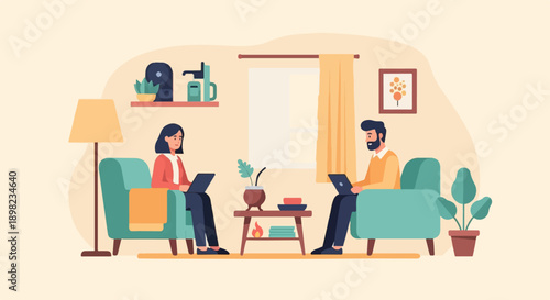 Two people sitting comfortably in chairs working on laptops at home