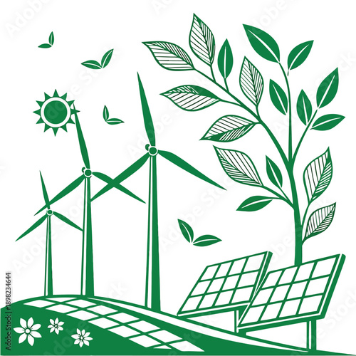 Sustainable energy sources and eco-friendly agricultural practices harmonizing with nature