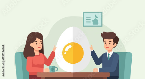 Two people sitting at a table with a giant egg in front of them