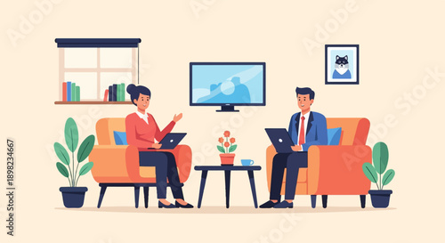 Two people on chairs using laptops with a TV and plants