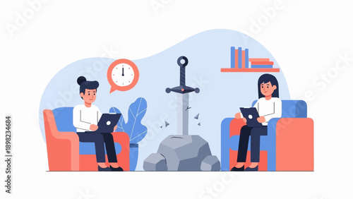 Two people on chairs with laptops, sword in rock, clock, books