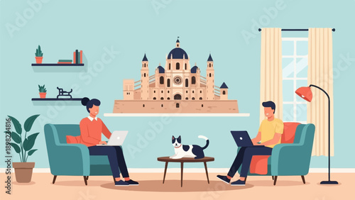 Two people work on laptops from home with a cat nearby and a building in the background